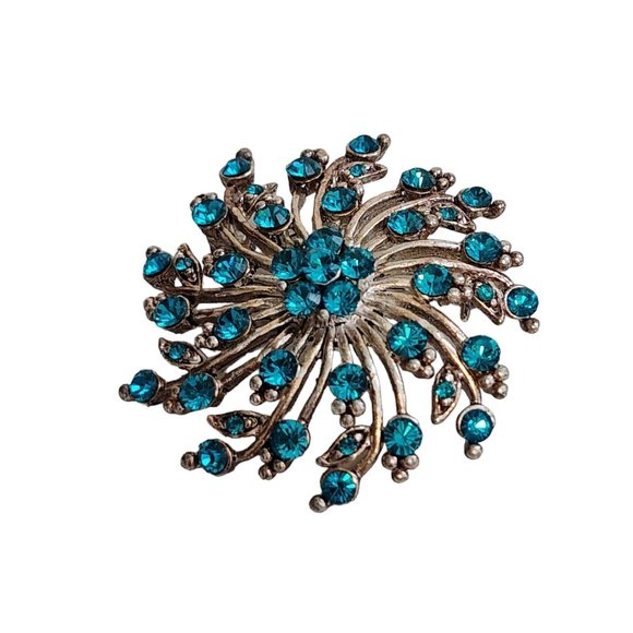 Vintage Turquoise Rhinestone Crystal Flower Swirl Blue Pin Brooch - Picture 6 of 16